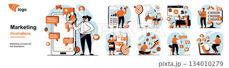 Marketing concept with people scenes mega set in flat web design. Bundle of character situation with target and attract customers, make advertising campaigns, online promotion. Vector illustrations. Marketing concept with people scenes mega set in flat web design. Bundle of character situation with target and attract customers, make advertising campaigns, online promotion. Vector illustrations. 134010279