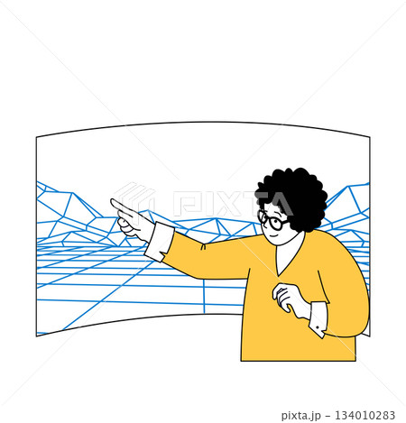 Virtual reality concept with cartoon people in flat design for web. Woman working with line surface simulation in augmented space. Vector illustration for social media banner, marketing material. 134010283