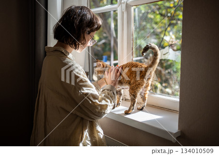 Pet owner woman stroking petting cat devon rex on sunlight windowsill at home enjoying communication Pet owner woman stroking petting cat devon rex on sunlight windowsill at home enjoying communication 134010509