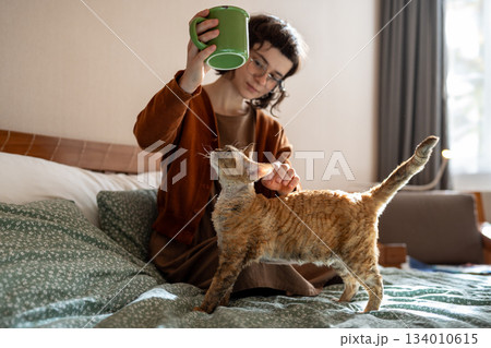 Fluffy friend cat diverting girl attention from tea drinking, requiring stroking, caressing, playing Fluffy friend cat diverting girl attention from tea drinking, requiring stroking, caressing, playing 134010615