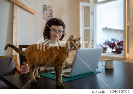 Teenager sitting at table, caressing adorable cat who diverts girl attention from freelance work Teenager sitting at table, caressing adorable cat who diverts girl attention from freelance work 134010702