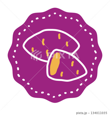 紫の円形背景とサツマイモ、焼き芋のイラストのラベルシール素材 134011035