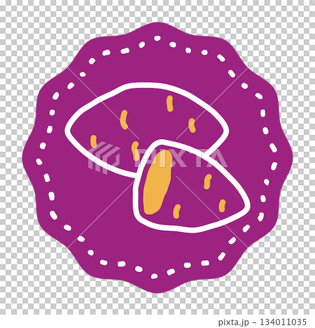 紫の円形背景とサツマイモ、焼き芋のイラストのラベルシール素材 134011035