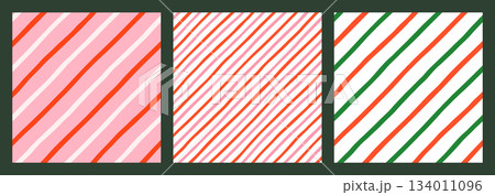 Diagonal stripes seamless vector pattern set in red, green and pink, Cute candy Christmas holiday backgrounds Diagonal stripes seamless vector pattern set in red, green and pink, Cute candy Christmas holiday backgrounds 134011096