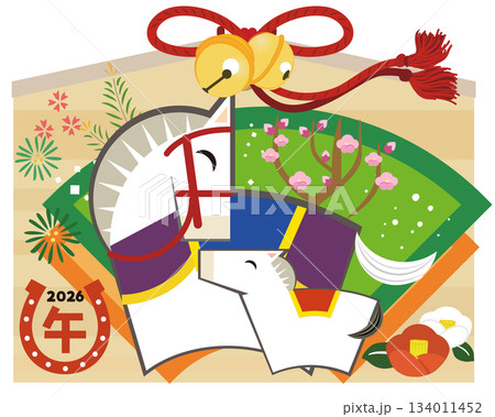 年賀 午年 かわいい馬の親子の絵馬イラスト ベクター 134011452