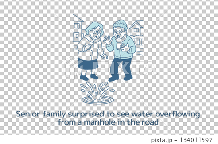 A senior couple walking their dog are surprised to see water overflowing from a manhole in the road 134011597