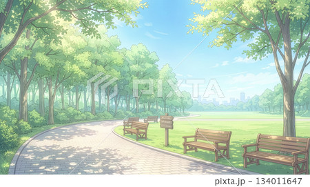 新緑が輝く森林散策道と芝生広場の公園風景 134011647