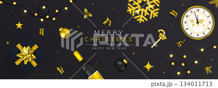 Holiday New year card - Merry Christmas on black background Holiday New year card - Merry Christmas on black background 134011713