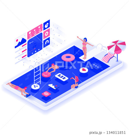 Flat color Modern Isometric Illustration design - Social Media concept 134011851