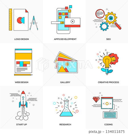 Flat line icons set of Tehnology and Development Flat line icons set of Tehnology and Development 134011875