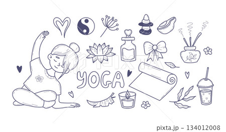 Yoga Wellness Doodles Set. Woman Meditation, Stretching, Practicing Pose, Mat, Lotus, Candle And Zen Accessories. Isolated Hand Drawn. Line Art. Vector Illustration. Not AI Yoga Wellness Doodles Set. Woman Meditation, Stretching, Practicing Pose, Mat, Lotus, Candle And Zen Accessories. Isolated Hand Drawn. Line Art. Vector Illustration. Not AI 134012008