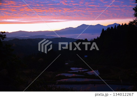 雲海朝焼けの越後里山棚池・越後三山夜明け 134012267