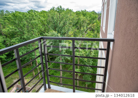 Modern balcony with metal railing overlooking green forest. 134012618
