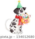 Hand-painted watercolor Christmas themed dog cartoon 134012680