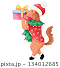 Hand-painted watercolor Christmas themed dog cartoon 134012685