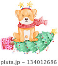 Hand-painted watercolor Christmas themed dog cartoon 134012686
