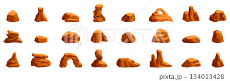 Desert stones icons set. Set of cartoon different shape rocks creating beautiful landscape design elements 134013428