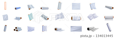 Cellophane stretch film icons set. Set of different rolls of stretch film for food packaging representing food storage and preservation 134013445