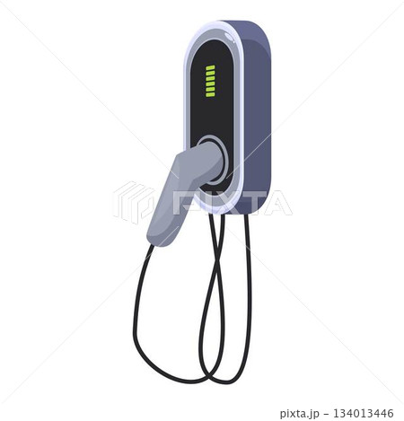 Electric vehicle charger displaying charging status on white background 134013446
