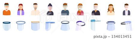 Plastic face shield icons set. People of different professions and races wearing medical face shield for protection Plastic face shield icons set. People of different professions and races wearing medical face shield for protection 134013451