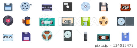 Retro media storage icons set. Collection of retro data storage devices representing evolution of technology 134013475