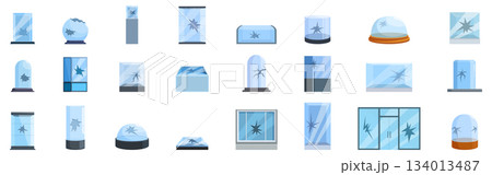 Broken glass showcase icon set. Broken glass collection showing different shapes and sizes of cracks 134013487