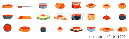 Red caviar icon set. Red caviar collection, delicious seafood delicacy in various culinary applications Red caviar icon set. Red caviar collection, delicious seafood delicacy in various culinary applications 134013491