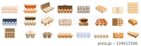Egg package icons set. Collection of empty, half full and full egg boxes made of cardboard and plastic 134013506