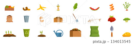 Composting icons set. Composting organic waste for sustainable agriculture and gardening promoting eco friendly practices 134013545