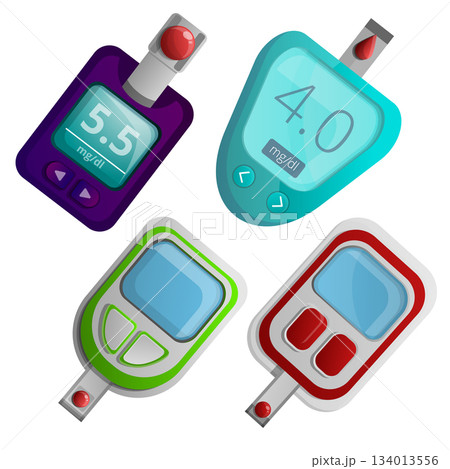 Glucose meter icon set, cartoon style Glucose meter icon set, cartoon style 134013556