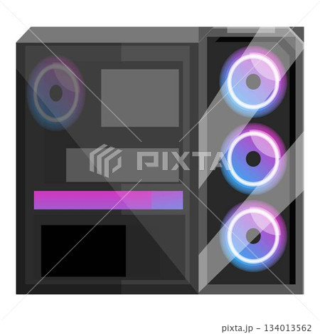 Modern gaming computer case with neon lights and glass side panel Modern gaming computer case with neon lights and glass side panel 134013562