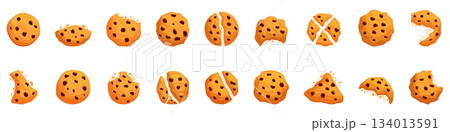 Chocolate chip cookie icons set. Set of chocolate chips cookies showing different stages of being eaten Chocolate chip cookie icons set. Set of chocolate chips cookies showing different stages of being eaten 134013591