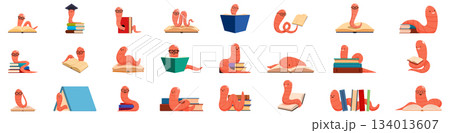 Bookworm icons set. Bookworm character set, cute worm reading books and gaining knowledge in different poses and situations 134013607