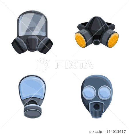 Respirator icons set cartoon vector. Various type of chemical mask Respirator icons set cartoon vector. Various type of chemical mask 134013617