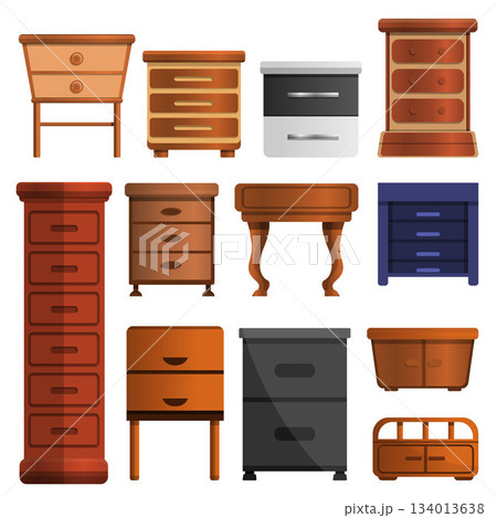 Wood nightstand icon set, cartoon style Wood nightstand icon set, cartoon style 134013638