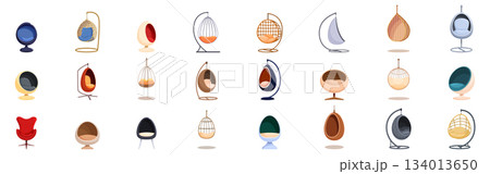 Egg chair icons set. Collection of modern hanging and standing egg shape armchairs Egg chair icons set. Collection of modern hanging and standing egg shape armchairs 134013650