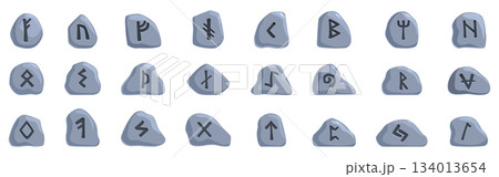 Rune stones icons set. Set of rune stones with ancient norse alphabet characters engraved on them Rune stones icons set. Set of rune stones with ancient norse alphabet characters engraved on them 134013654