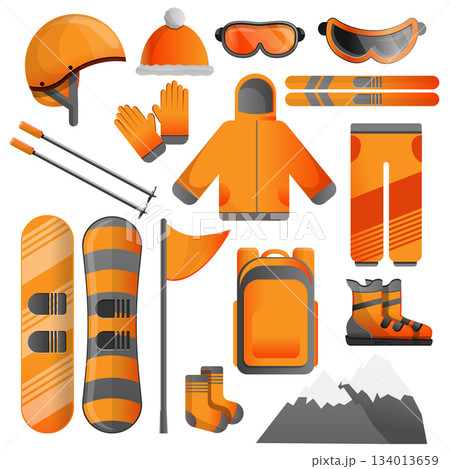 Snowboarding equipment icon set, cartoon style Snowboarding equipment icon set, cartoon style 134013659