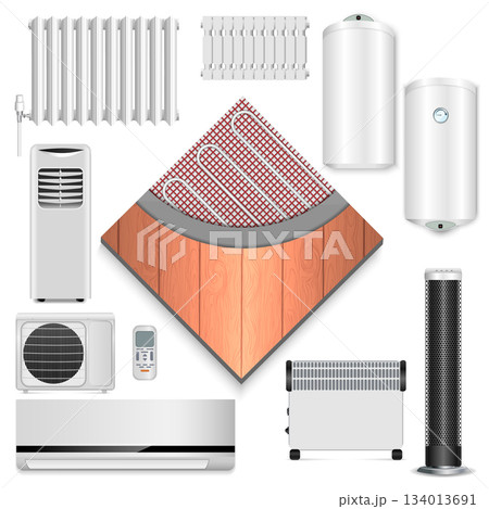 Electric heater icon set, realistic style Electric heater icon set, realistic style 134013691