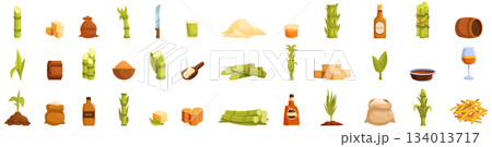 Sugarcane icons set. Sugarcane farming and production process showing plant to final product Sugarcane icons set. Sugarcane farming and production process showing plant to final product 134013717
