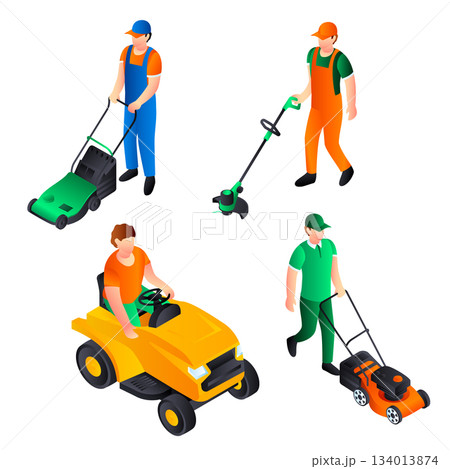 Lawnmower icon set, isometric style 134013874