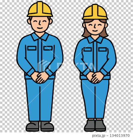 圖片描繪了身穿藍色工作服、頭戴安全帽的工人靜靜地鞠躬，營造出一種充滿希望與和諧的溫馨氛圍。 134013970