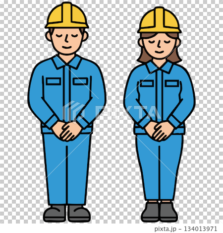 圖片描繪了身穿藍色工作服、頭戴安全帽的工人靜靜地鞠躬，營造出一種充滿希望與和諧的溫馨氛圍。 134013971