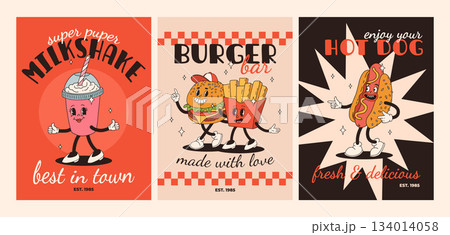Cartoon fast food poster. Retro groovy cards with mascot food characters. Brochure design with quote text for cafe. Banner with funky groovy burger, french fries, soda, ice cream. Fast food delivery 134014058