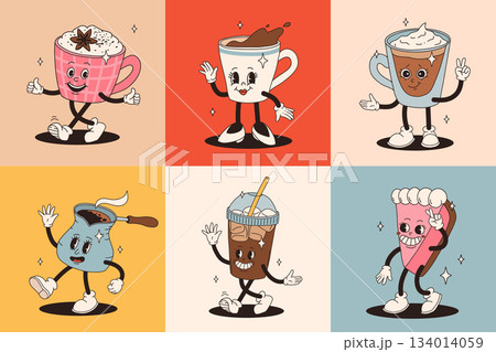 Retro groovy set with coffee mascot, cartoon characters, funny colorful doodle style characters, cappuccino, cocoa, latte, espresso and americano. Vector illustration on beige isolated background. 134014059