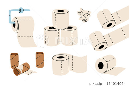 Toilet paper set. Vector illustration of soft white rolls. Hand holding towel. Toilet paper roll on metal holder. 134014064