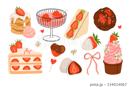 Strawberry set. Summer refreshing drinks, sweets and desserts with taste of strawberries. Chocolate strawberry. Flowers, petals, strawberries. Flat Vector illustration isolated on white background 134014067