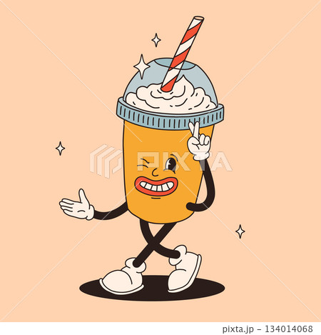 Funky groovy cartoon character Coffee sticker. Vintage funny mascot with psychedelic smile and emotion. Design art for cafe, bar, restaurant. Comic trendy vector illustration 70s 80s 90s style 134014068