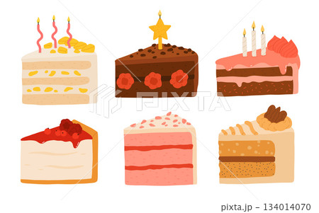 Birthday cake slices set. Sweet holiday bakery pieces collection. Pastry chocolate fruit, berry dessert with candles for breakfast. Vector hand drawn flat cartoon illustration 134014070