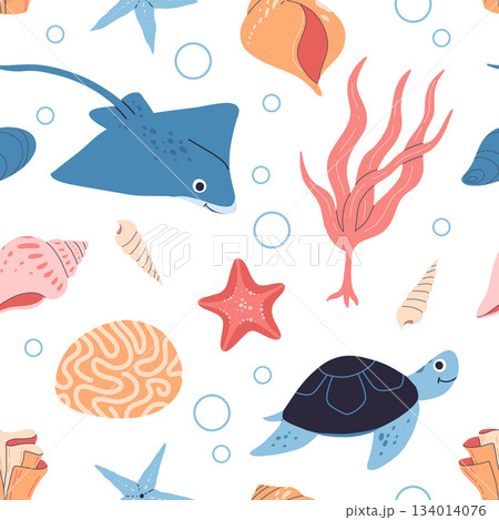Sea animals, fish, whale, jellyfish, shell, coral and seaweed, crab, starfish. Seamless pattern of hand drawn sea life creatures and elements. Vector doodle cartoon set of marine life objects. 134014076